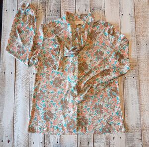 Vintage COS COB Floral Bow Neck Button-Up Blouse Women's Sz 15/16 100% Polyester